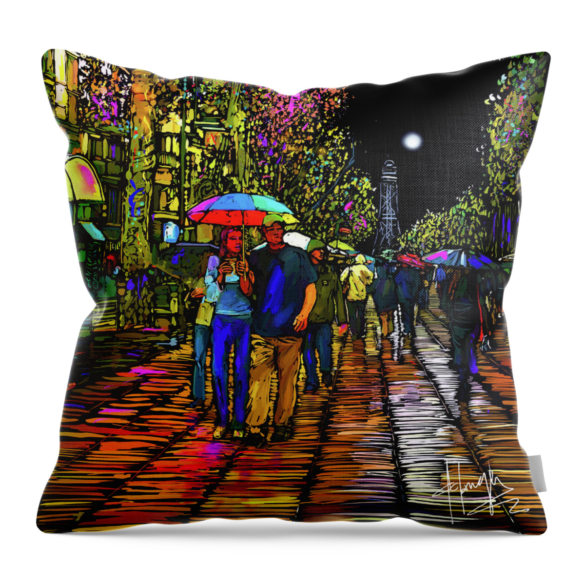 Barcelona Throw Pillow featuring the painting Barcelona Rain in Spain by DC Langer