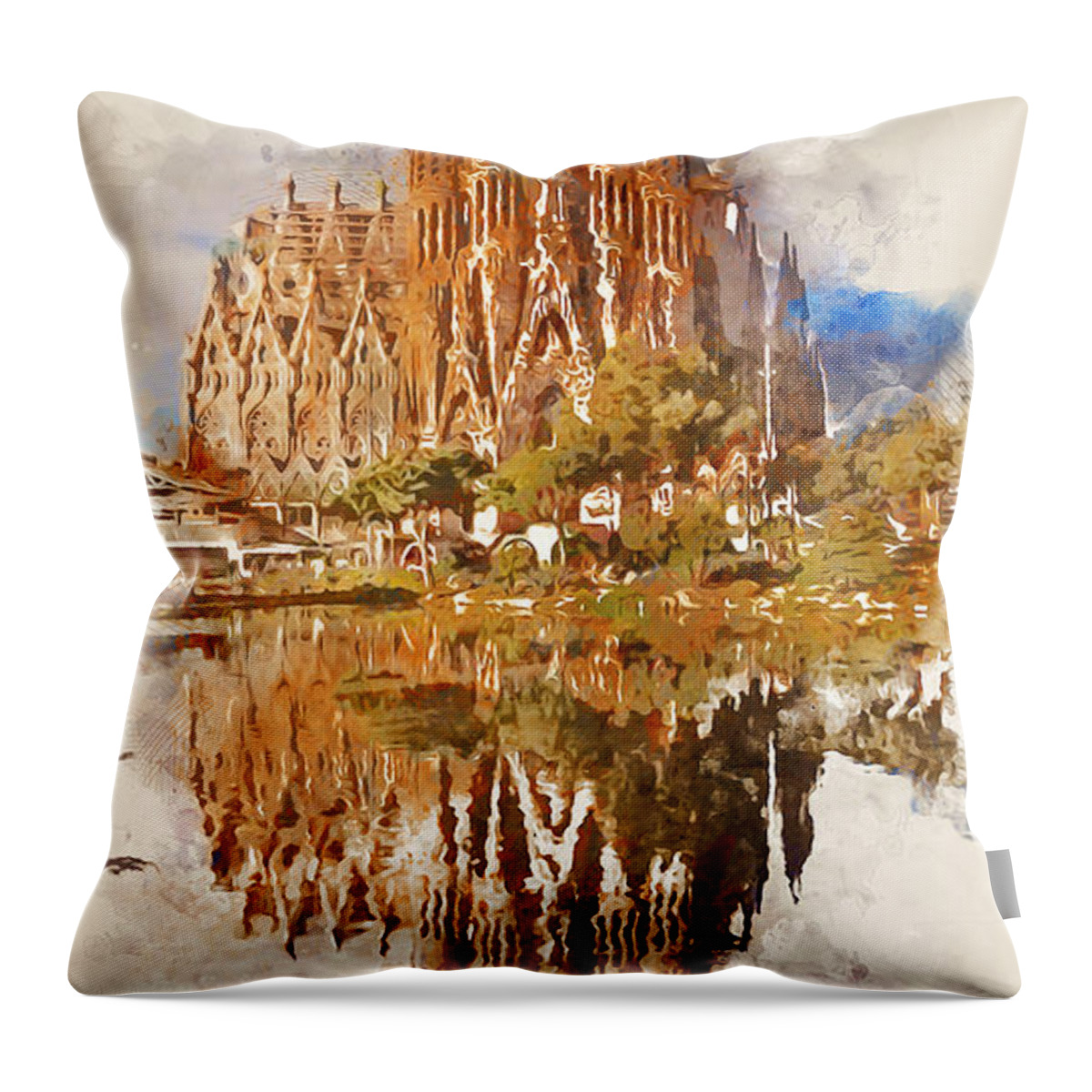 Sagrada Familia Throw Pillow featuring the painting Barcelona, Sagrada Familia - Watercolor 04 by AM FineArtPrints
