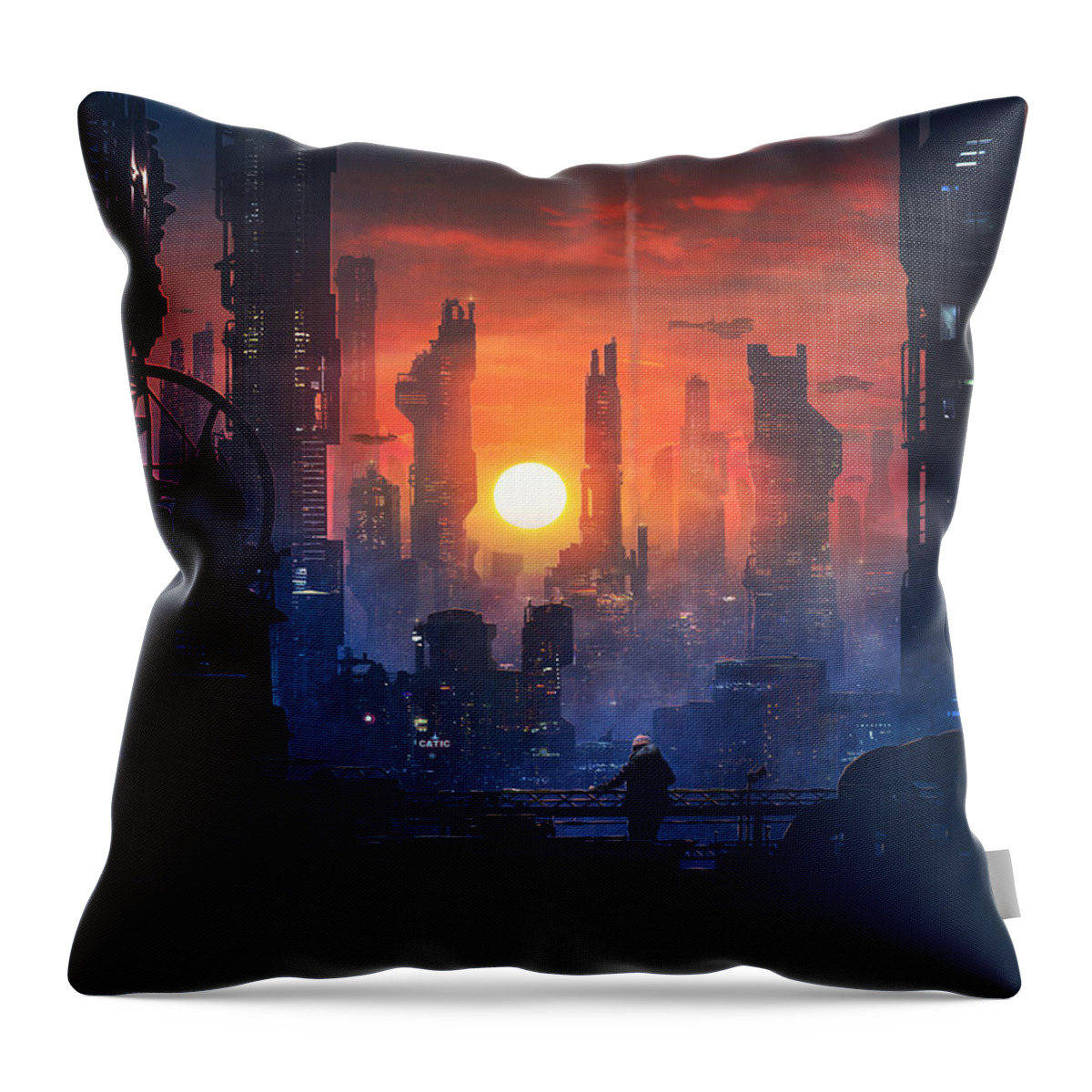 Scifi Throw Pillow featuring the painting Barcelona Smoke and Neons The End by Guillem H Pongiluppi