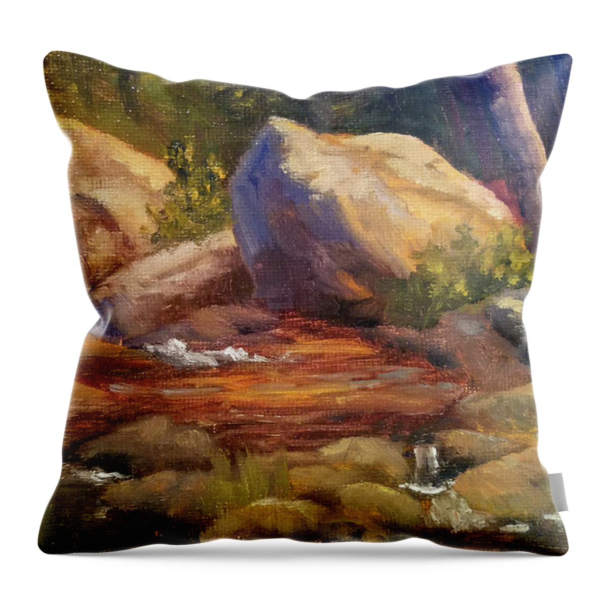 Rocks Throw Pillow featuring the painting Barely a Trickle by Sharon E Allen