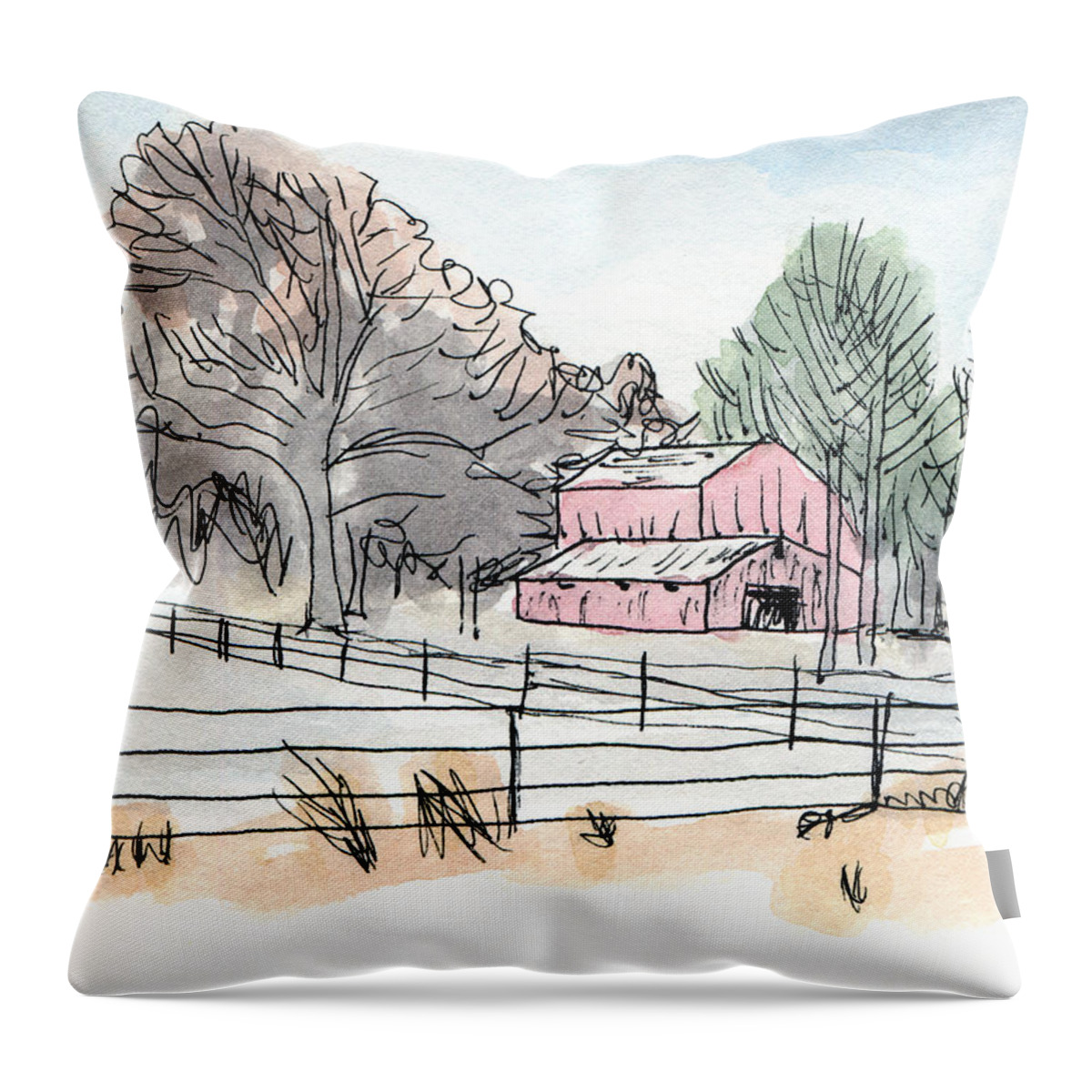 Farm Rural Old Country Nostalgia Barn America Scene Landscape Home American Scenic Rustic Red Place Life Art Time Peace Painting Nostalgic Line County Americana Outdoors Ink Hill Farmstead Countryside Woods Trees Tin Roof Shelter Shed Quiet Picturesque Orange North Metal Kyllo Idyllic Iconic Homestead Day Calm Building Artistic Weathered Visit Tree Tranquil Traditional Simple Scenery Restful Quietness Peaceful Midwest Memories Grandpa Grandma Buildings Artwork Southern Watercolor Wash Throw Pillow featuring the mixed media Barn in Winter Woods by R Kyllo