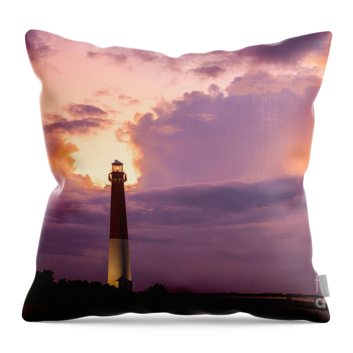 Barnegat Lighthouse Throw Pillow featuring the photograph Barnegat Lighthouse Stormy Sunset by Michael Ver Sprill