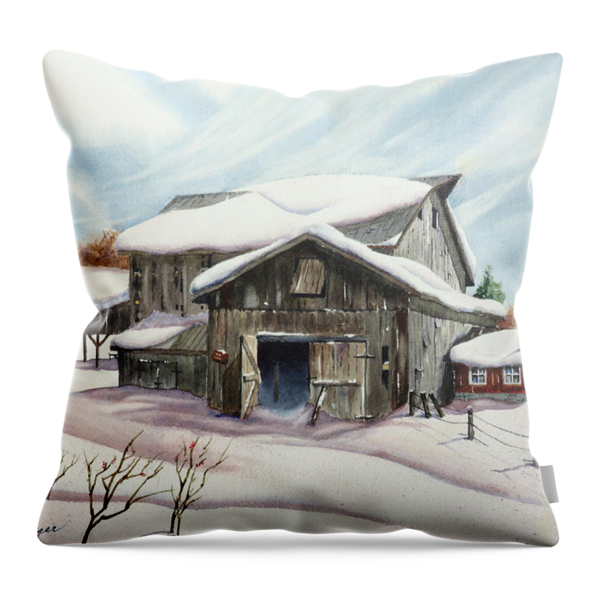 Barns Throw Pillow featuring the painting Barns in Snow by Joseph Burger