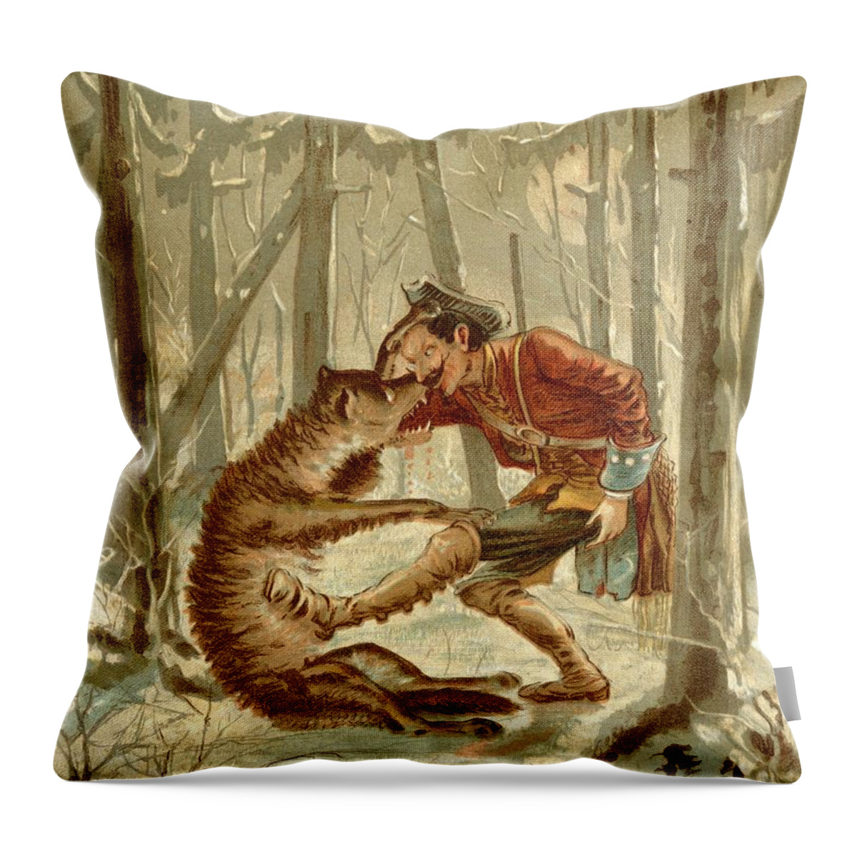 Munchausen Throw Pillow featuring the drawing Baron Munchausens Encounter With A Wolf by Vintage Design Pics