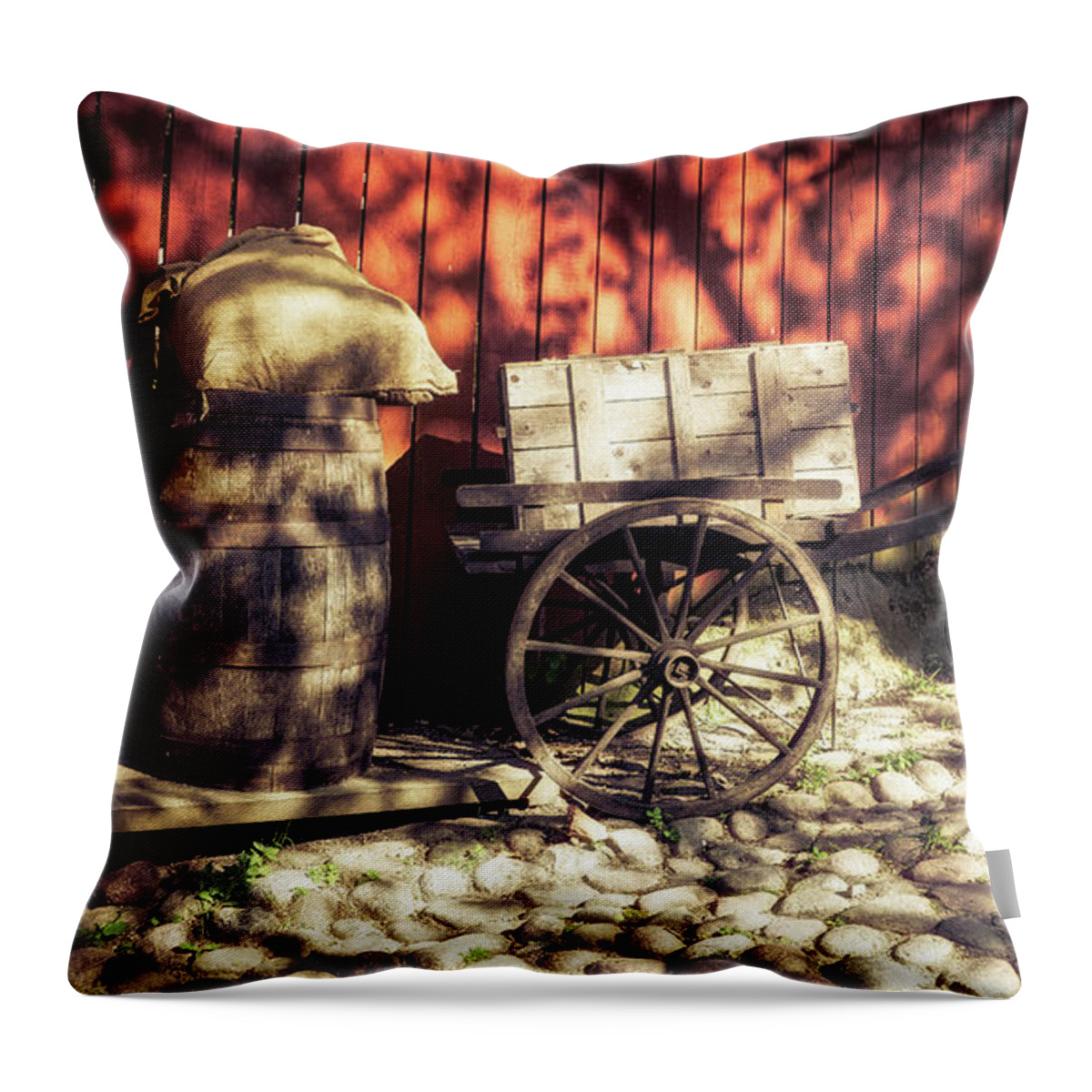 Barrel Throw Pillow featuring the photograph Barrel and Cart by James Billings