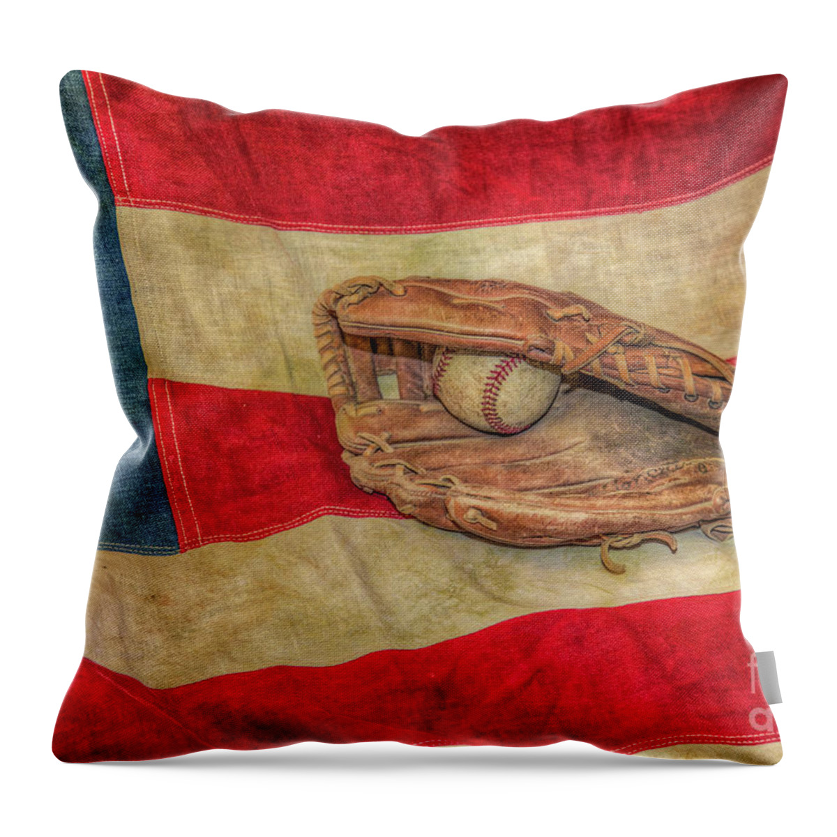 Baseball Glove And Ball On Us Flag Throw Pillow featuring the photograph Baseball Glove and Ball on US Flag by Randy Steele