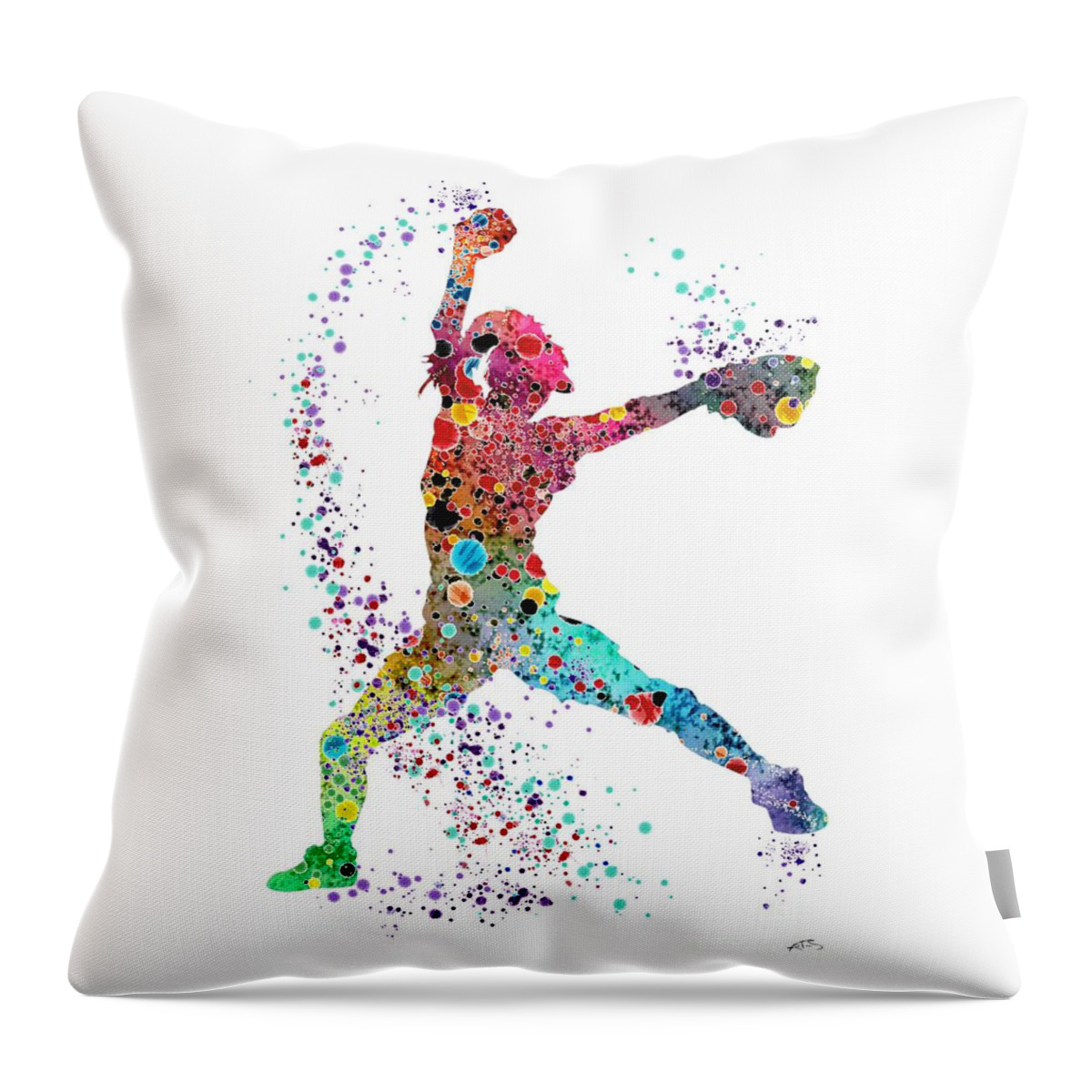 Softball Watercolor Throw Pillow featuring the digital art Baseball Softball Pitcher Watercolor Print by White Lotus