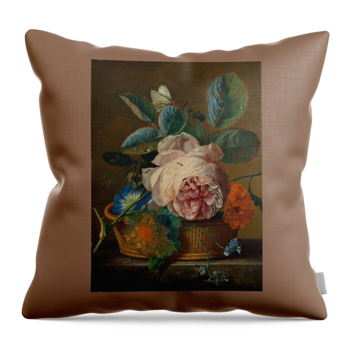 Basket With Flowers Throw Pillow featuring the painting Basket with flowers by Jan van Huysums