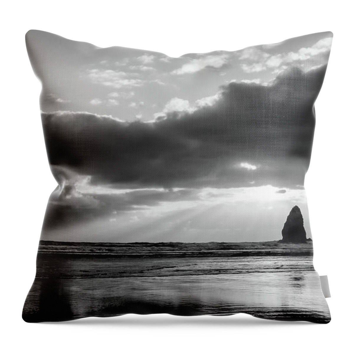Cannon Beach Throw Pillow featuring the photograph Basking in the Light BW by Don Schwartz