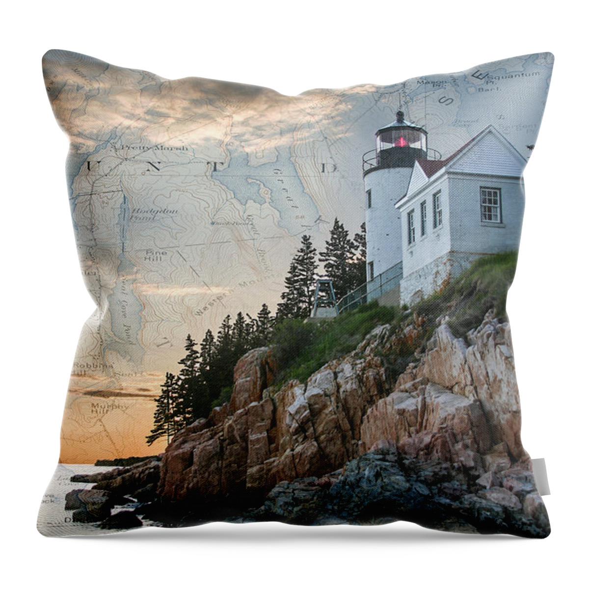  Throw Pillow featuring the digital art Bass Harbor lighthouse on Maine nautical chart by Jeff Folger