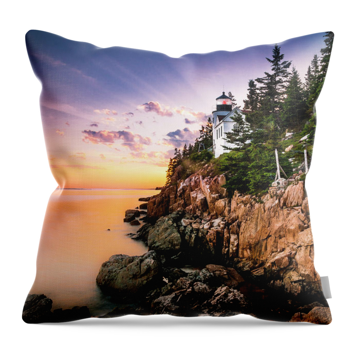 Sunset At Bass Harbor Lighthouse In Acadia Maine Throw Pillow featuring the photograph Bass Harbor Lighthouse Sunset by Ranjay Mitra