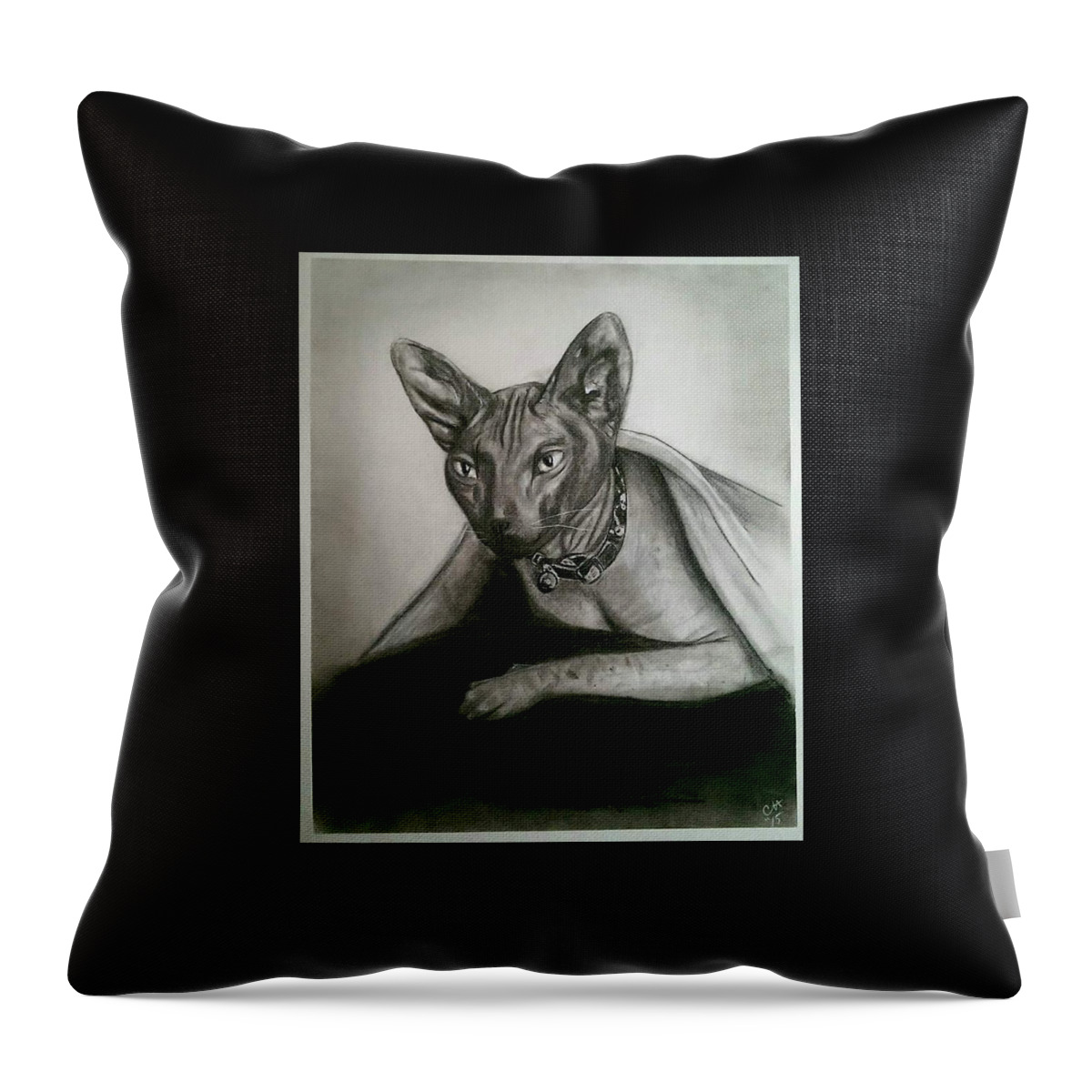 Hairless Cat. Cat Throw Pillow featuring the drawing Battman by Carole Hutchison