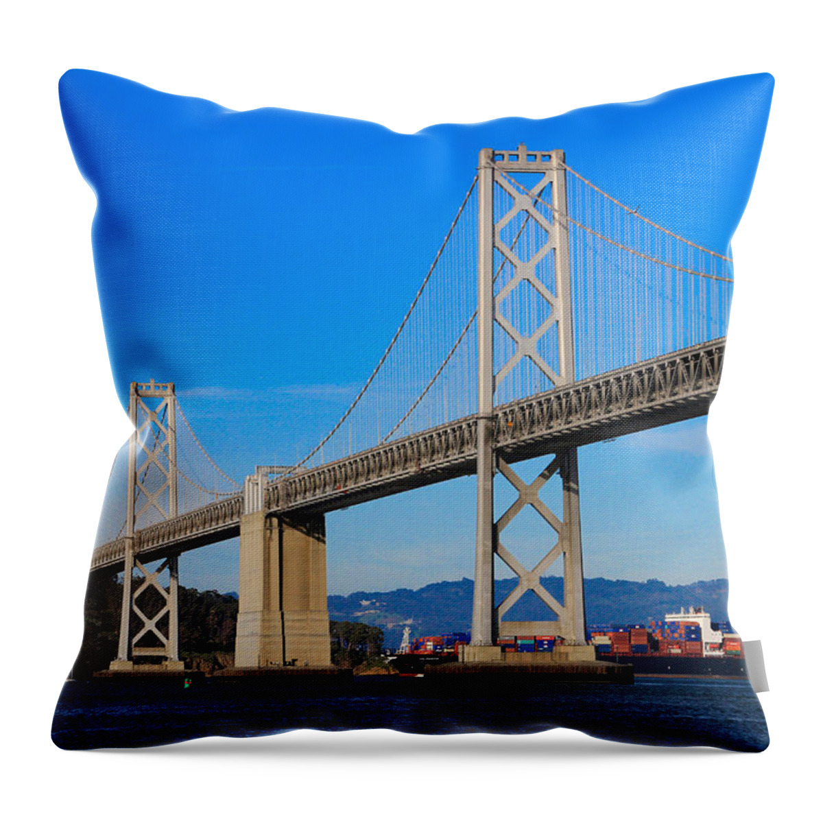 Bonnie Follett Throw Pillow featuring the photograph Bay Bridge with APL Houston by Bonnie Follett