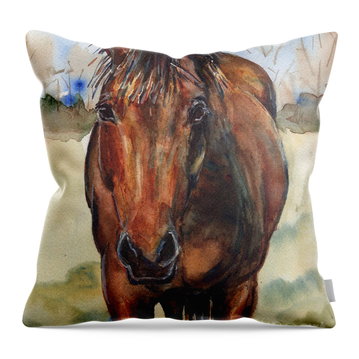Horse Painting Throw Pillow featuring the painting Bay horse painting in watercolor by Maria Reichert