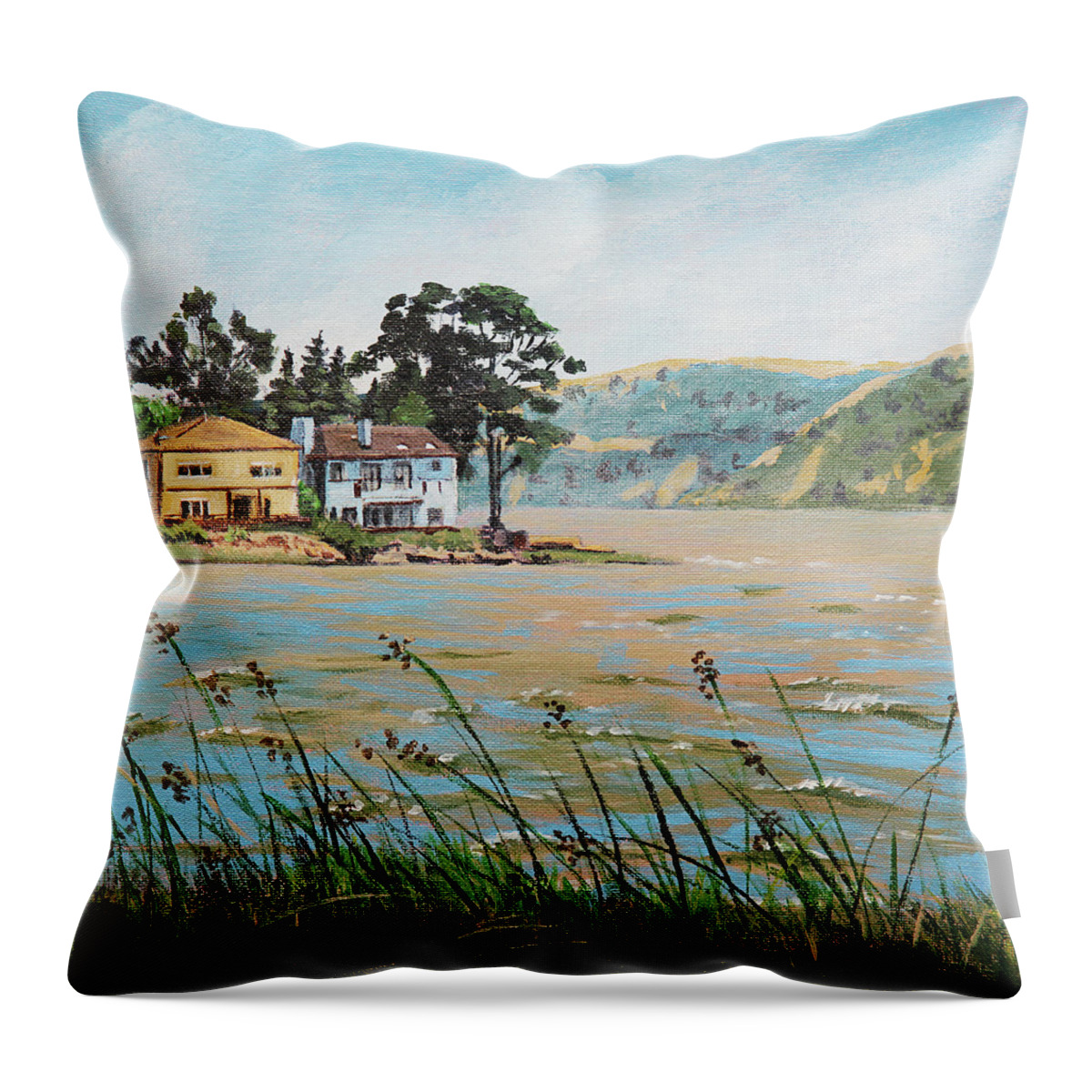 Buildings Throw Pillow featuring the painting Bay Scenery with Houses by Masha Batkova