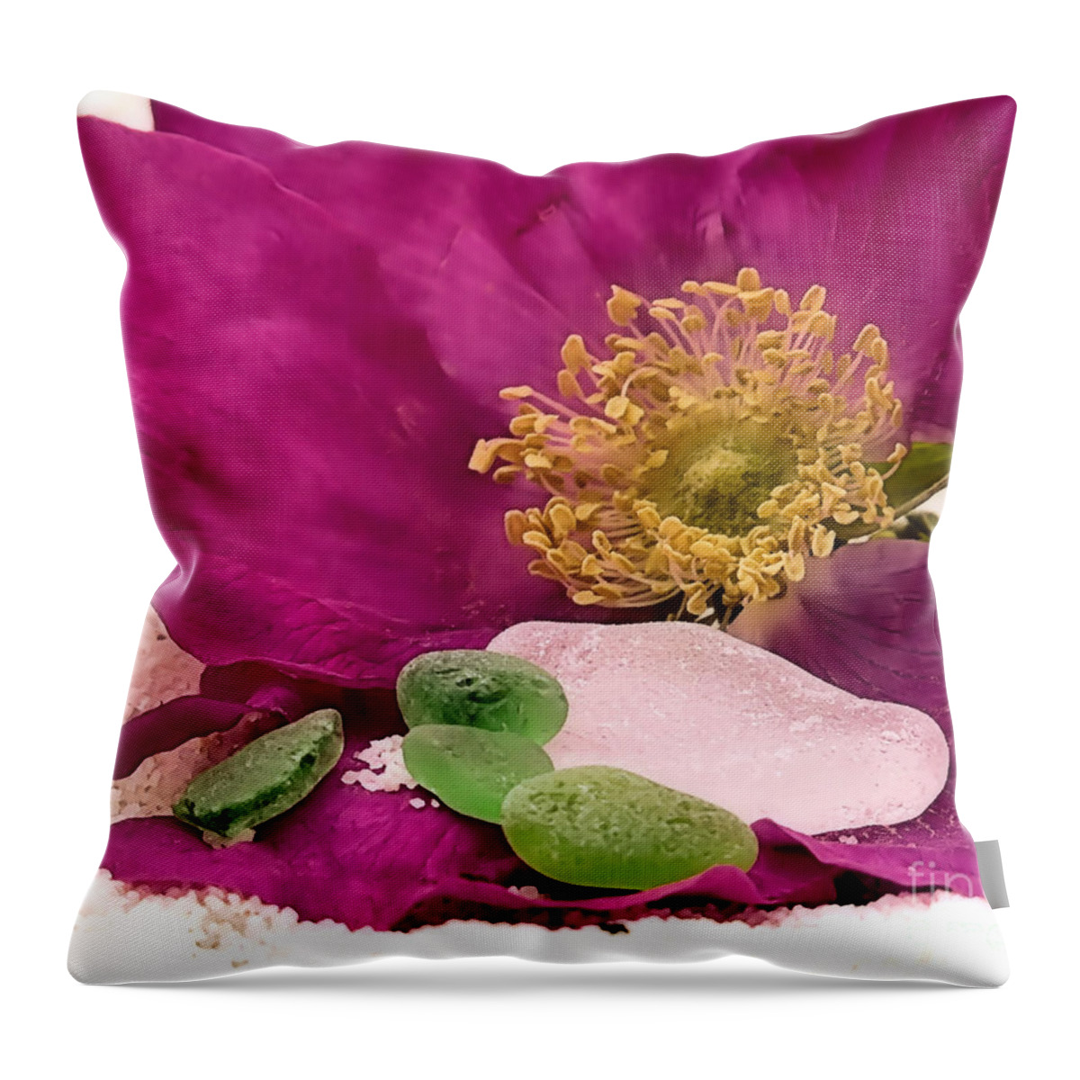 Beach Glass Throw Pillow featuring the photograph Beach Glass and Rose by Janice Drew
