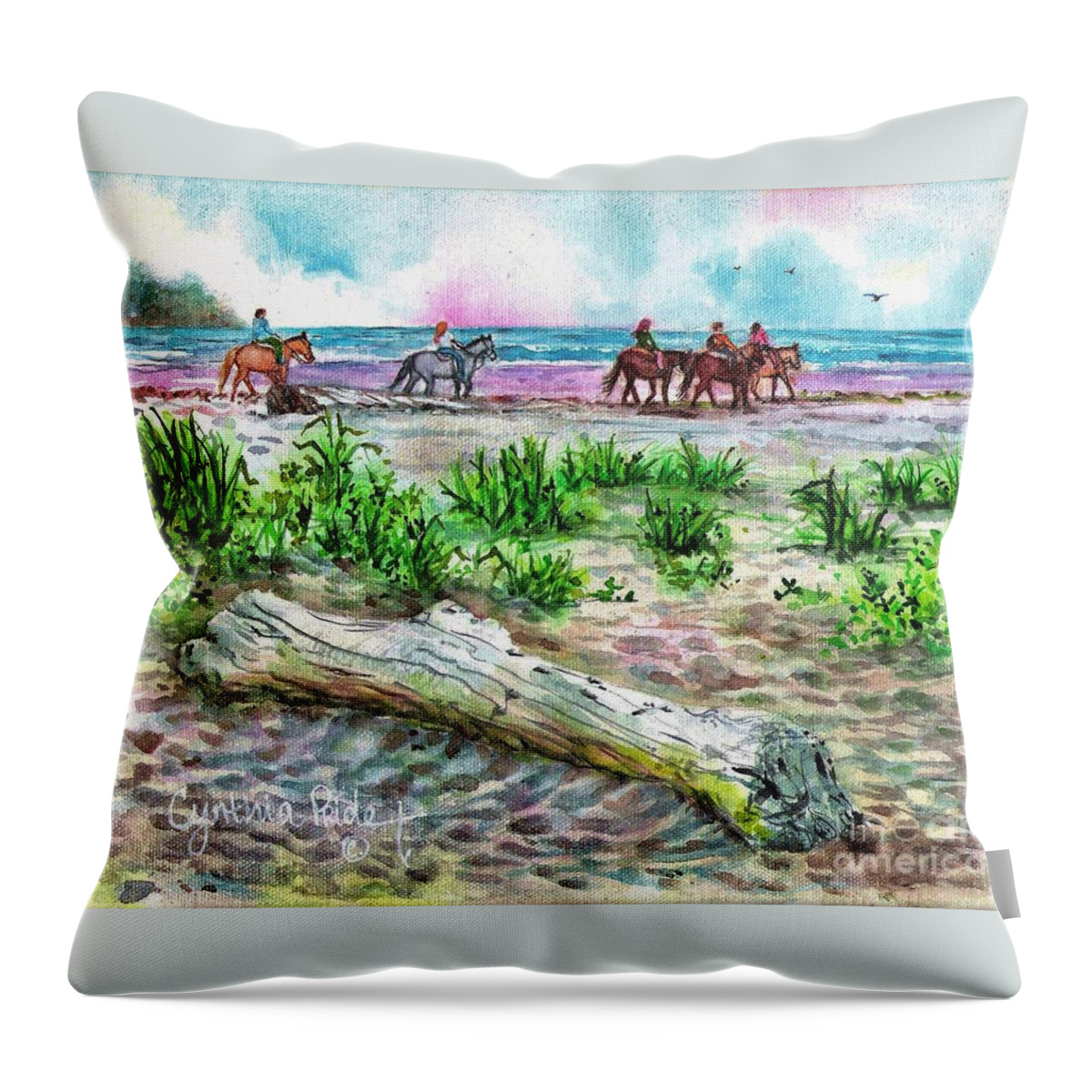 Beachscape #4 Throw Pillow featuring the painting Beach Horseback Riding by Cynthia Pride