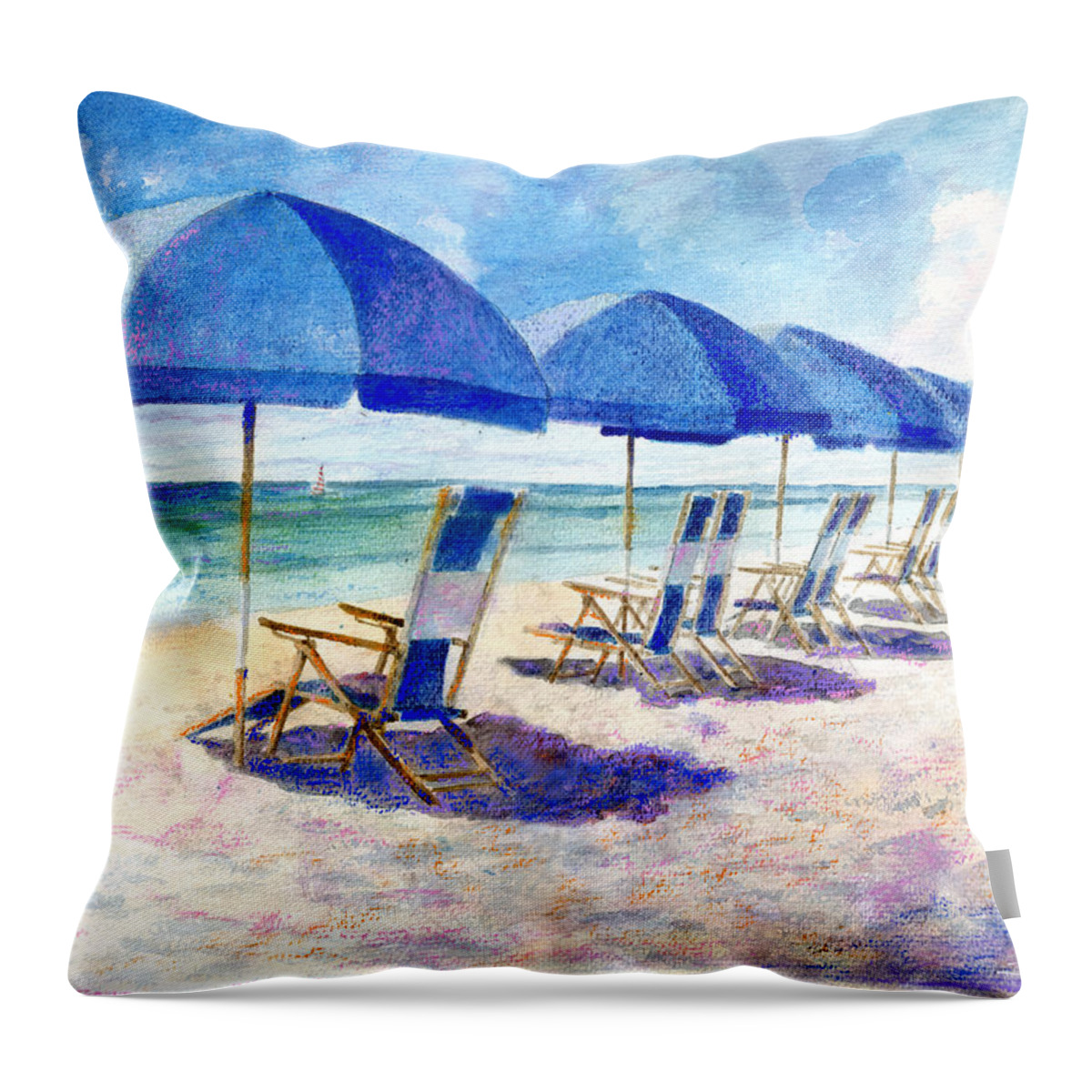 Beach Throw Pillow featuring the painting Beach umbrellas by Andrew King