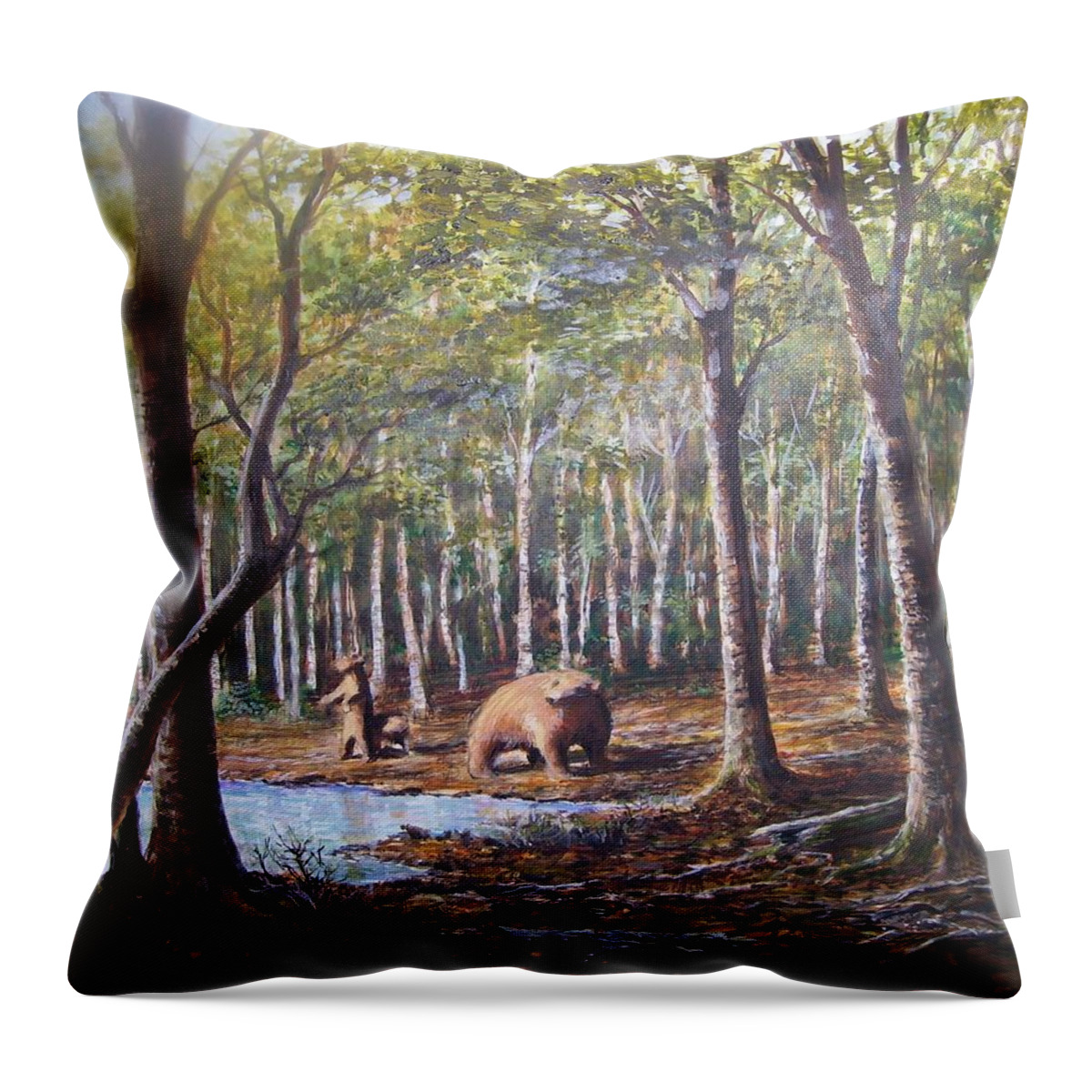 Animals Throw Pillow featuring the painting Bear and her cubs by Perry's Fine Art