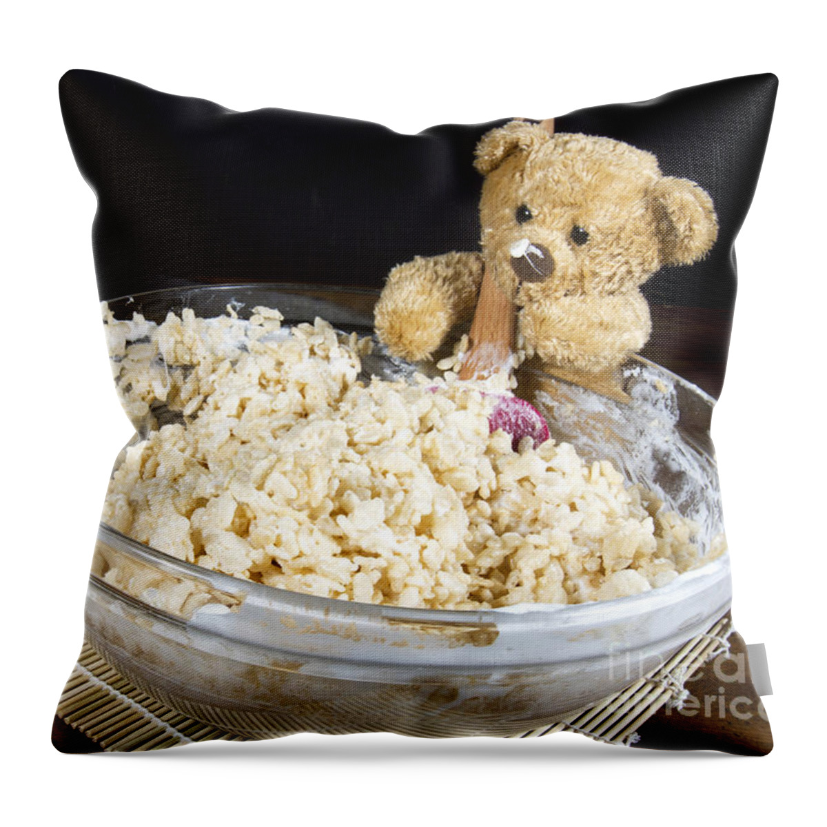 Puffed Rice Cereal Throw Pillow featuring the photograph Bear Making Puffed Rice Cereal Treats by Karen Foley