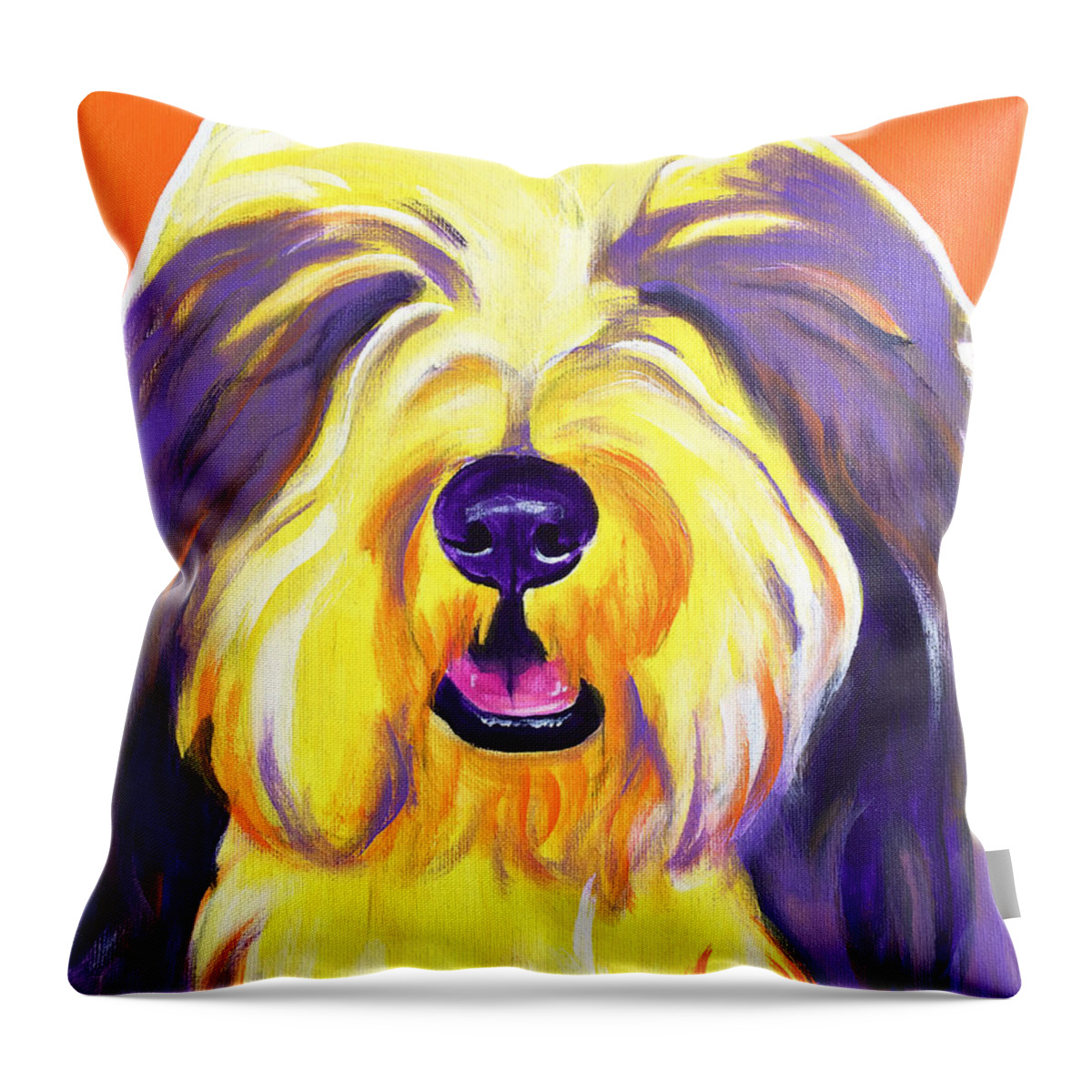 Bearded Collie Throw Pillow featuring the painting Bearded Collie - Banana by Dawg Painter