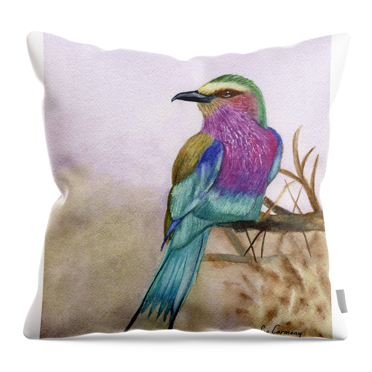 Lilac-breasted Roller Throw Pillow featuring the painting Beautiful Bird--Lilac Breasted Roller by Sue Carmony