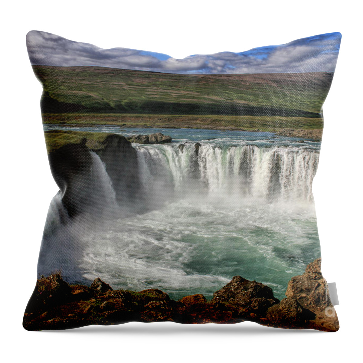 Danger Throw Pillow featuring the photograph Beautiful Godafoss waterfall in Iceland by Patricia Hofmeester