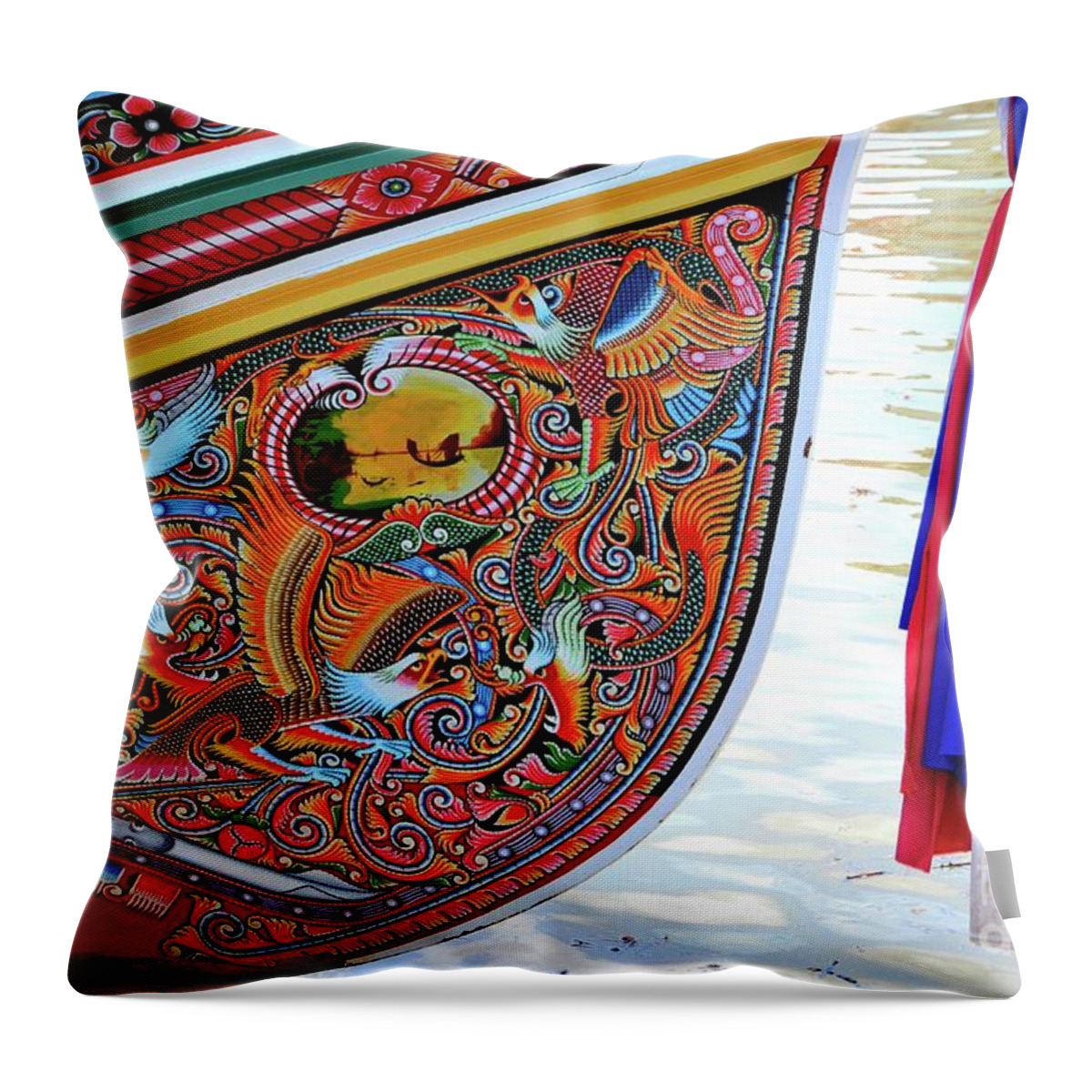 Boat Throw Pillow featuring the photograph Beautiful painted Asian dragon and floral art on hull of Thai fishing boat Pattani Thailand by Imran Ahmed