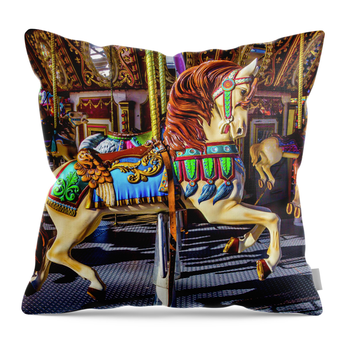 Magical Carousels Throw Pillow featuring the photograph Beautiful Prancing Carrousel Horse by Garry Gay