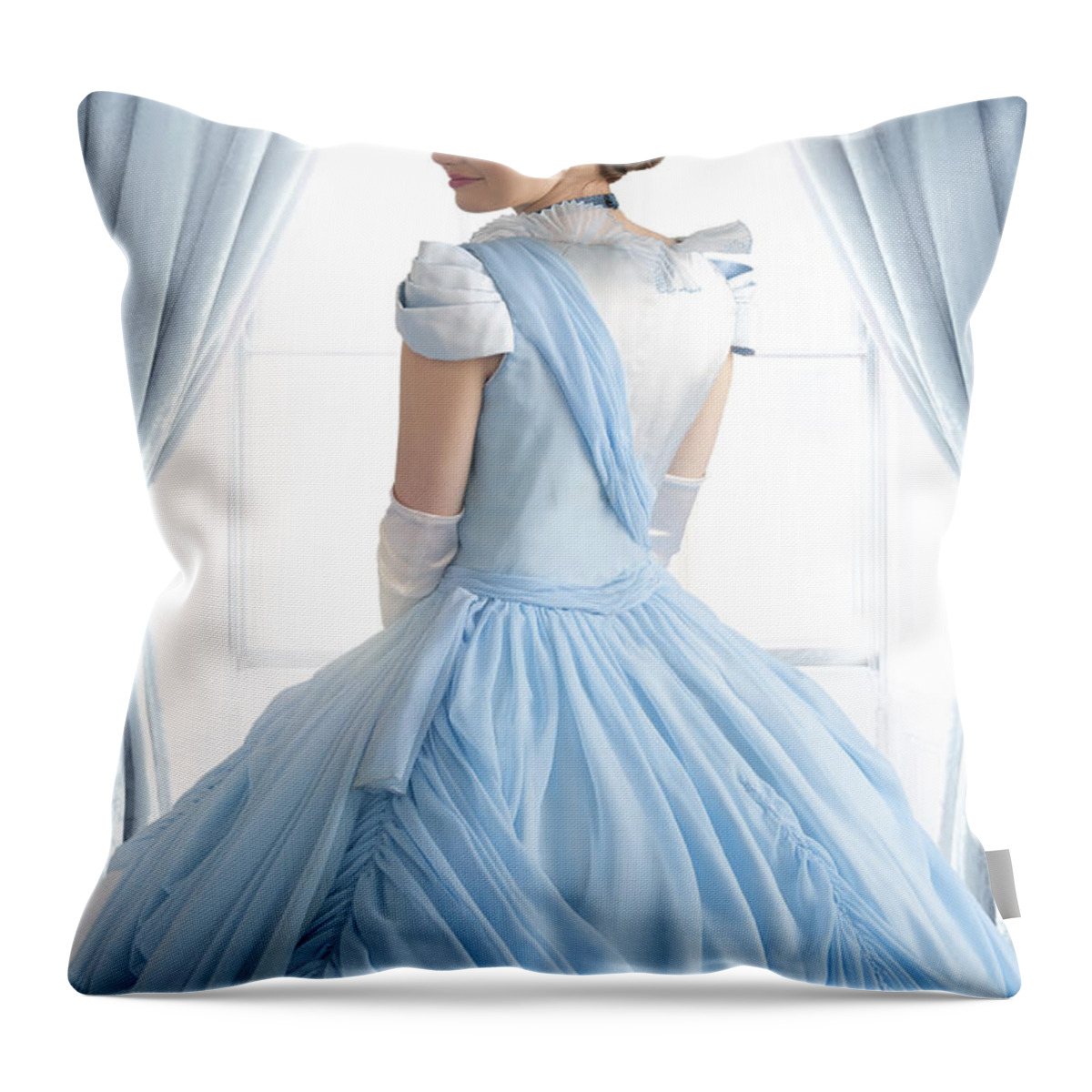 Victorian Throw Pillow featuring the photograph Beautiful Smiling Victorian Woman At The Window by Lee Avison