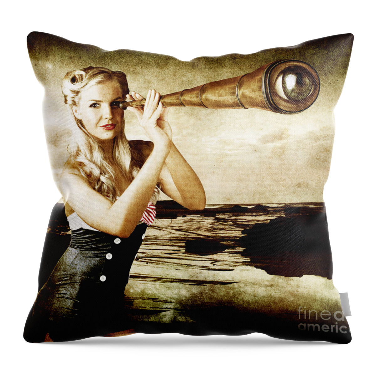 Steampunk Throw Pillow featuring the digital art Beautiful Vintage Woman With Steampunk Telescope by Jorgo Photography
