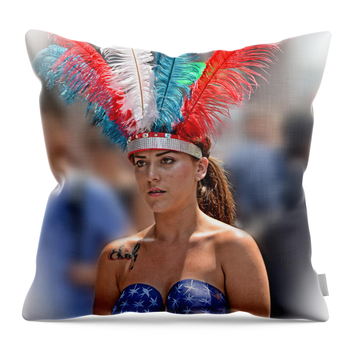 Headdress Throw Pillow featuring the photograph Beauty with a Feathered Headdress II by Jim Fitzpatrick