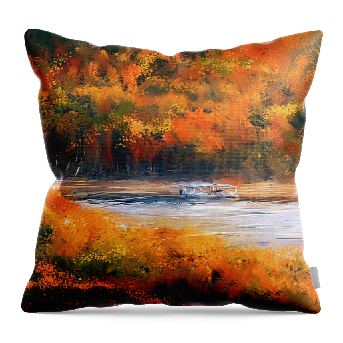 Beaver Lake Cottages Throw Pillow featuring the painting Beaver Lake Impressionist - Beaver Lake Art by Lourry Legarde