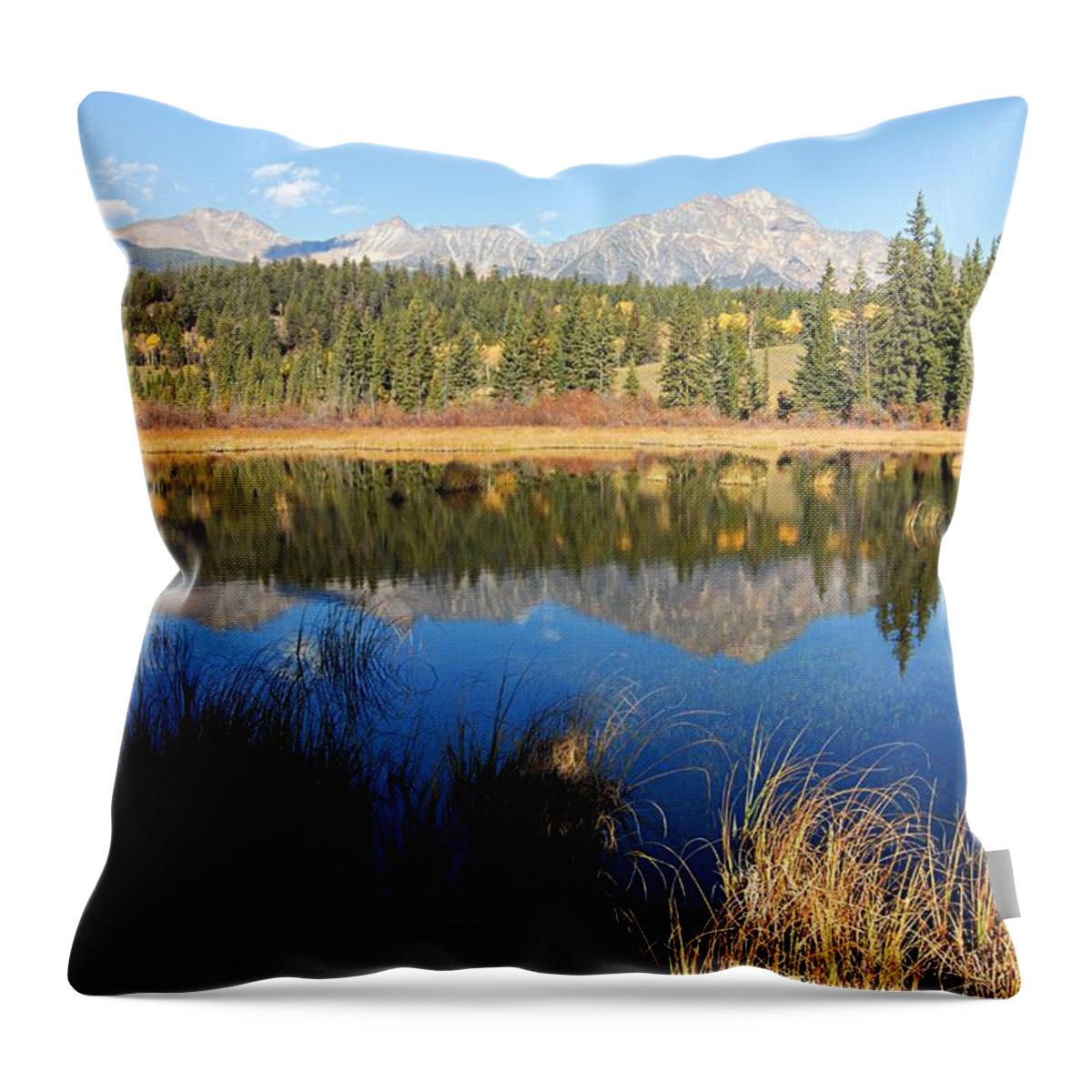 Pyramid Mountain Throw Pillow featuring the photograph Beaver Pond and Pyramid Mountain by Larry Ricker