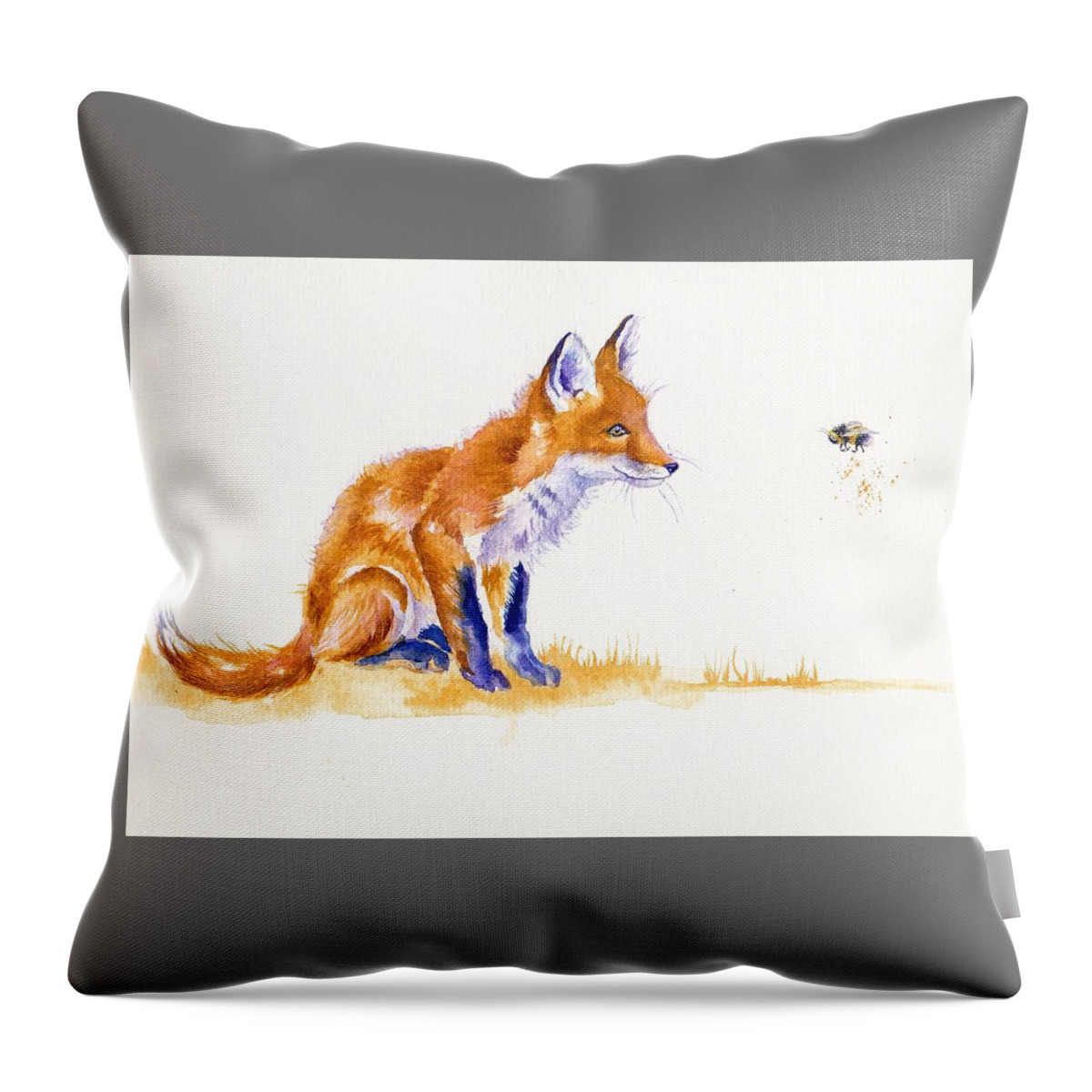 Fox Throw Pillow featuring the painting Fox Cub - Bee Important by Debra Hall