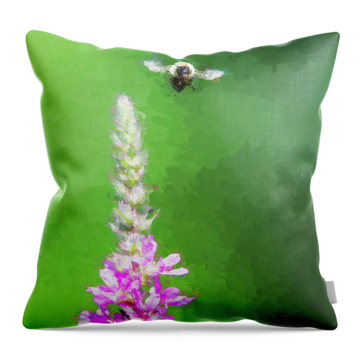 Green Throw Pillow featuring the digital art Bee Over Flowers by Ed Taylor