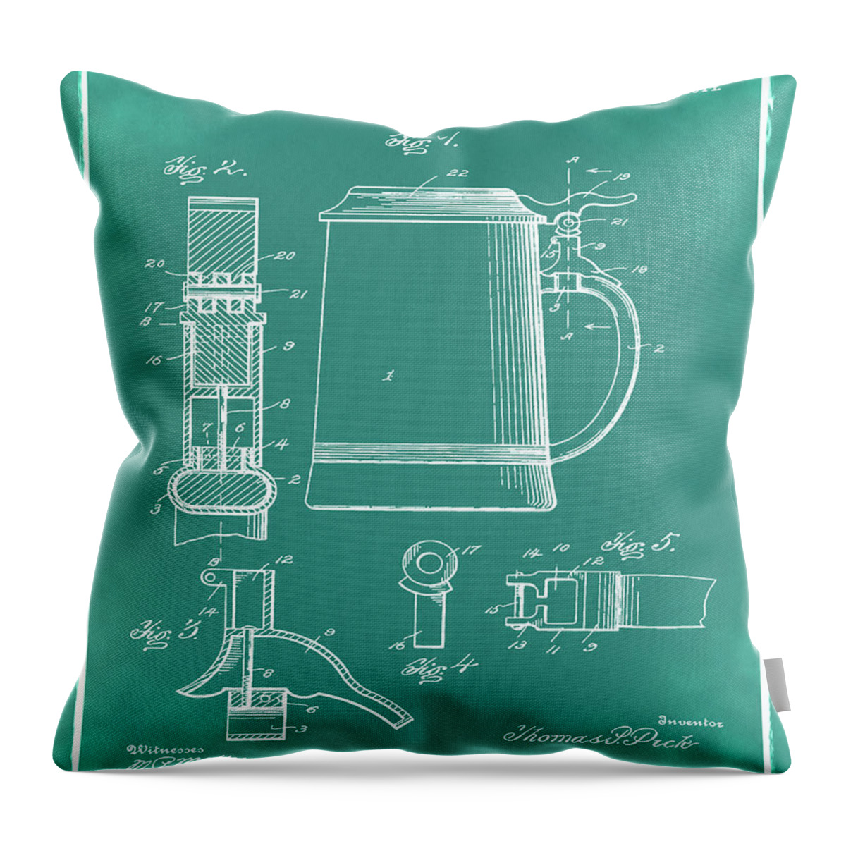 Beer Throw Pillow featuring the digital art Beer Stein Patent 1914 in Green by Bill Cannon