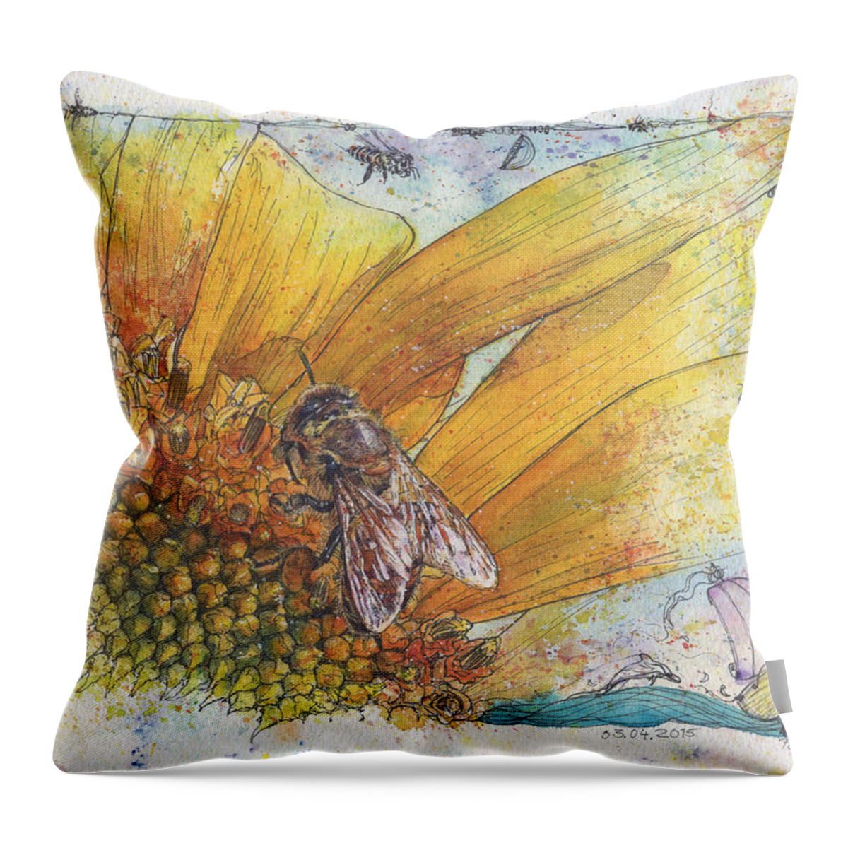Bees Throw Pillow featuring the painting Bees and Sunflower by Petra Rau