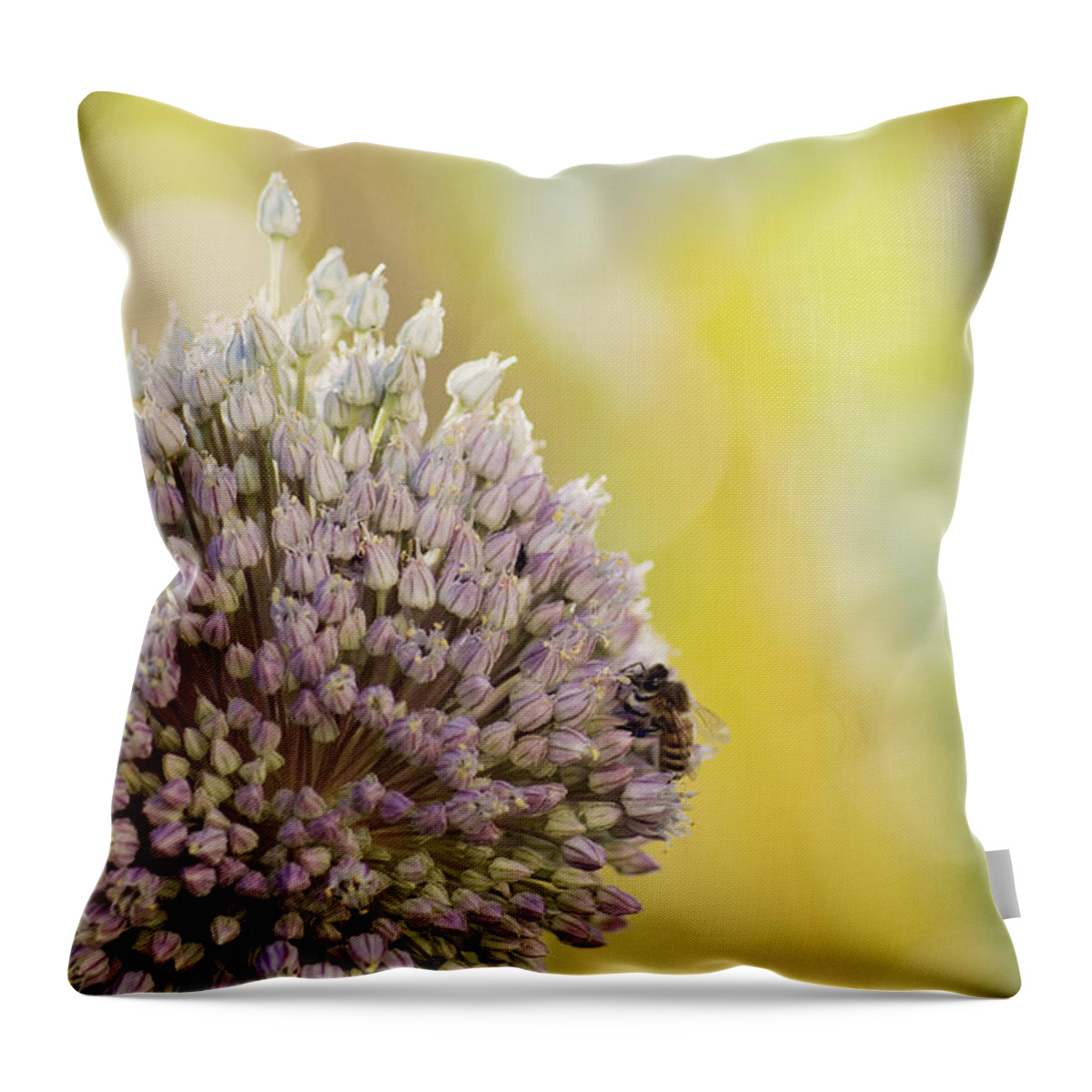 Nature Throw Pillow featuring the photograph Bees on garlic blossom by Cindy Garber Iverson