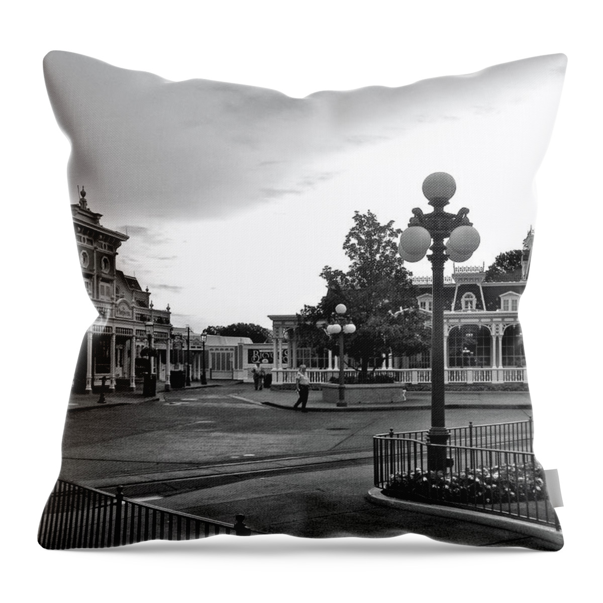 Black And White Throw Pillow featuring the photograph Before The Gates Open Black and White Magic Kingdom Walt Disney World MP by Thomas Woolworth