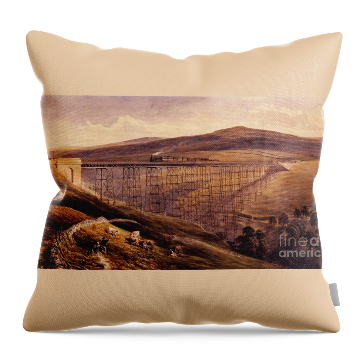 John Osborn Brown - Belah Viaduct Throw Pillow featuring the painting Belah Viaduct by MotionAge Designs