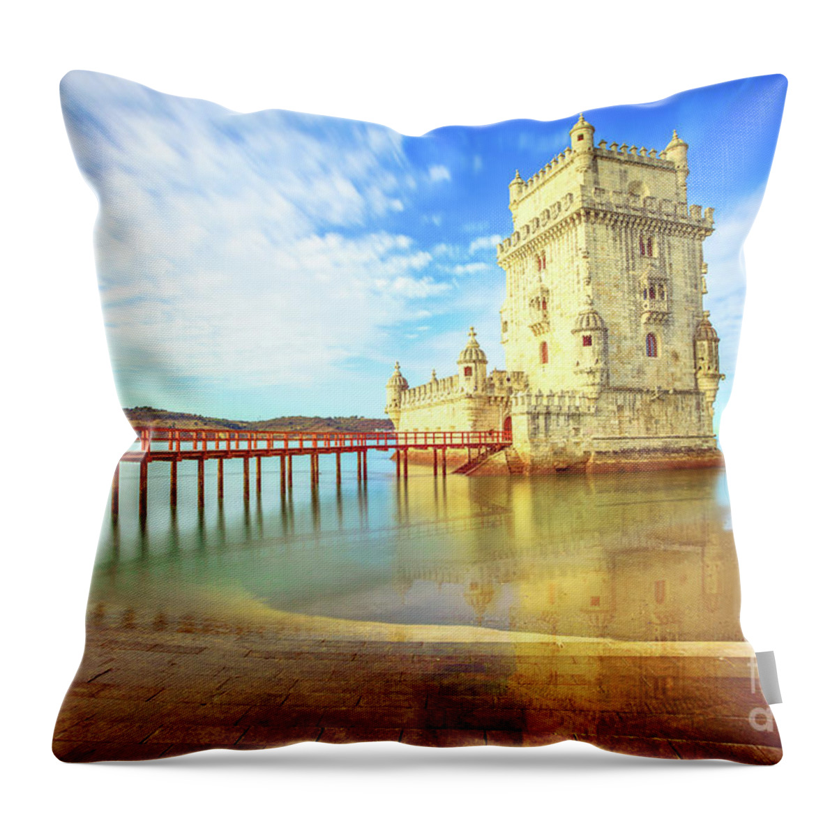 Lisbon Throw Pillow featuring the photograph Belem Tower reflects by Benny Marty