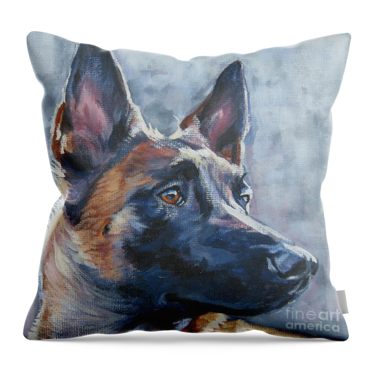 Belgian Malinois Throw Pillow featuring the painting Belgian malinois in winter by Lee Ann Shepard