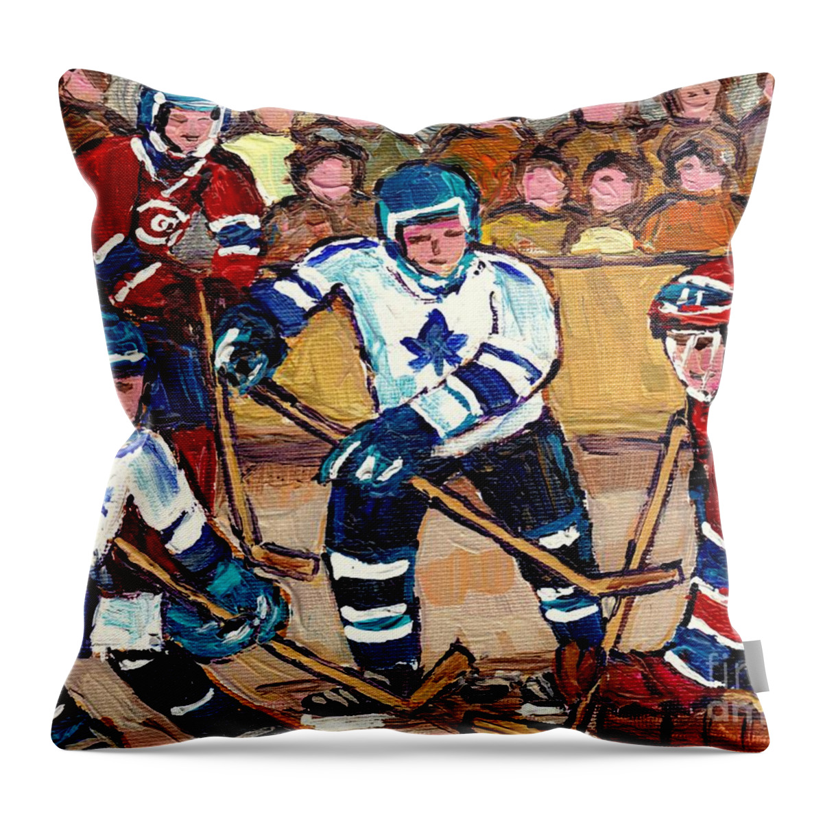 Hockey Throw Pillow featuring the painting Bell Center Hockey Art Goalie Carey Price Makes A Save Original 6 Teams Habs Vs Leafs Carole Spandau by Carole Spandau