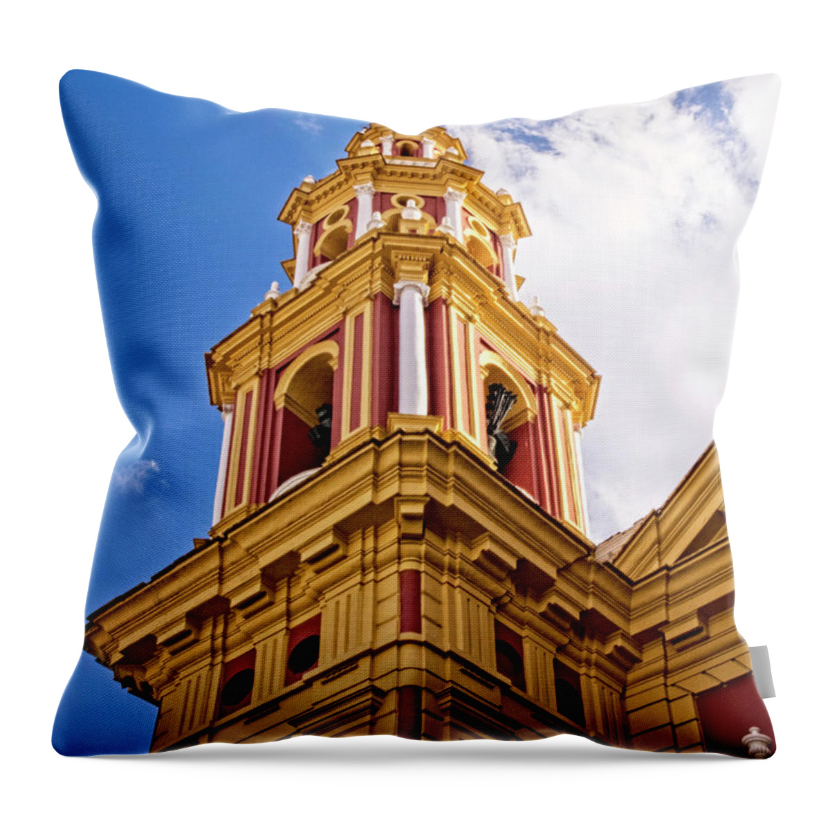 Bell Tower Throw Pillow featuring the photograph Bell Tower in Pink and Yellow - Seville by Mary Machare