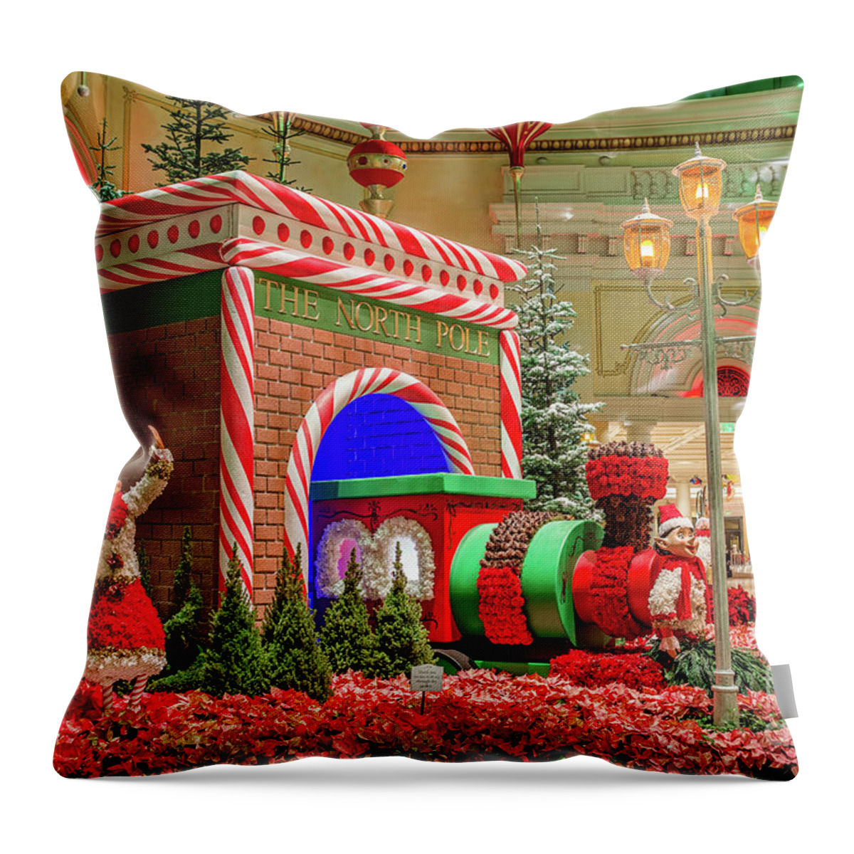 Bellagio Christmas Tree Throw Pillow featuring the photograph Bellagio Christmas Train Decorations and Ornaments by Aloha Art