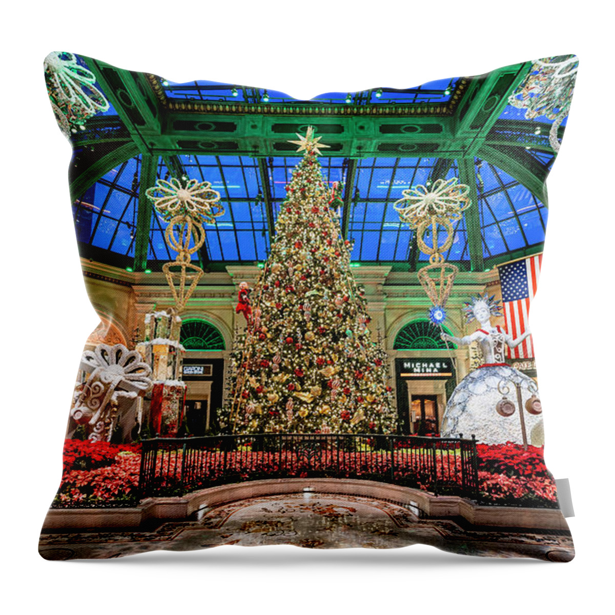 Bellagio Christmas Tree Throw Pillow featuring the photograph Bellagio Christmas Tree at Dawn 2017 6 to 3.5 Ratio by Aloha Art