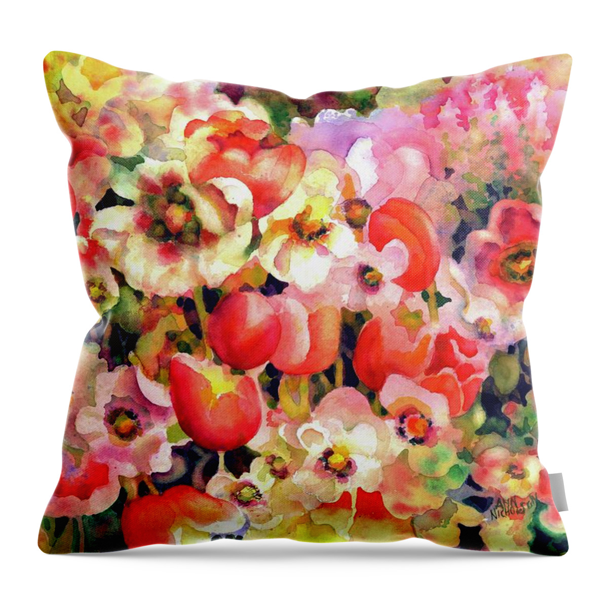 Watercolor Throw Pillow featuring the painting Belle Fleurs II by Ann Nicholson