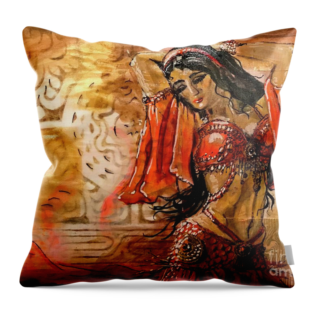 Arabic Throw Pillow featuring the painting Belly Dancer Collage 01 by Yvonne Ayoub