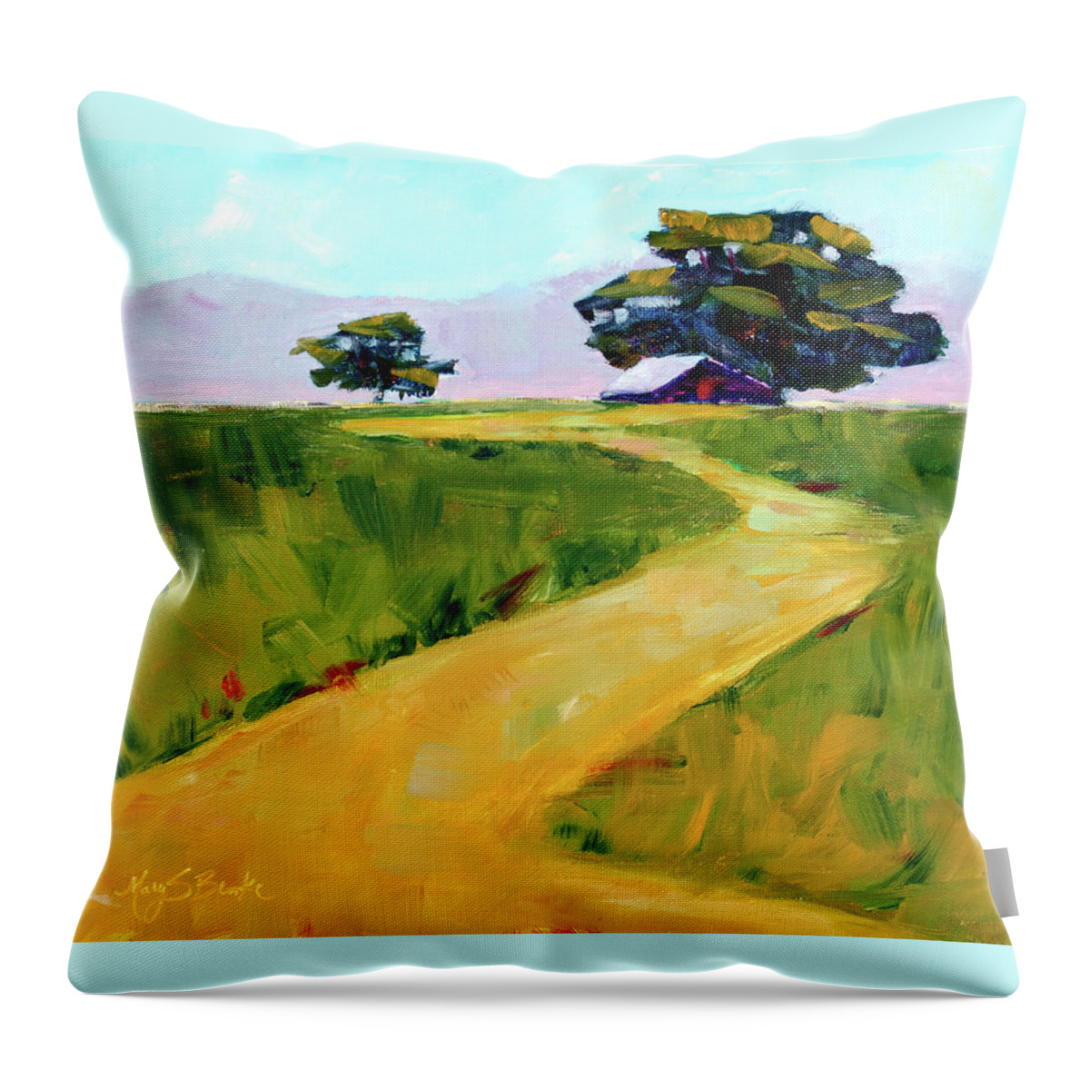 Cottonwood Throw Pillow featuring the painting Beneath the Cottonwoods by Mary Benke